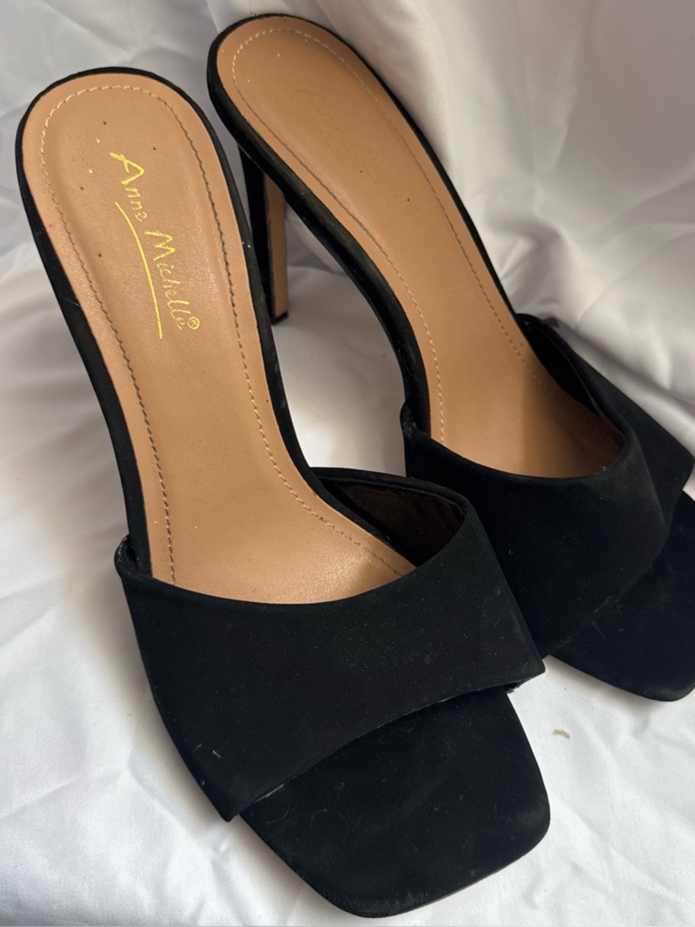 Black Suede Open Square-Toe Mule Heels